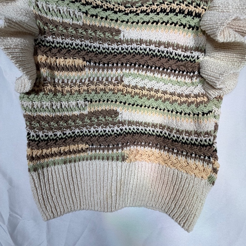 Zara Ruffled Sleeve Multicolor Chunky Knit/Crochet Sweater Vest.  Size Medium. - Picture 7 of 11